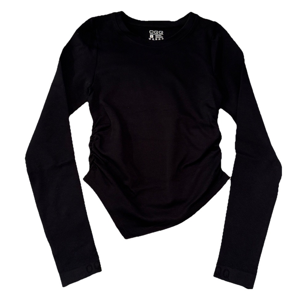 OQQ Small Womans Piece Crop Top Long Sleeve Square Neck Fitted Top, Black